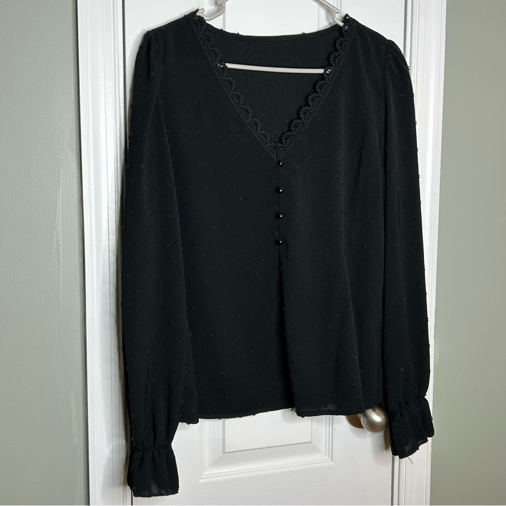 New SHEIN Black Swiss Dot Blouse Lace Trim V Neck Long Sleeve Blouse Medium